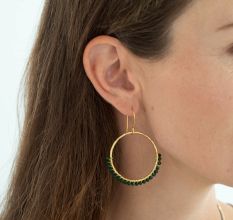 Green Onyx beaded Circle dangle earring, Brass 18k gold plated
